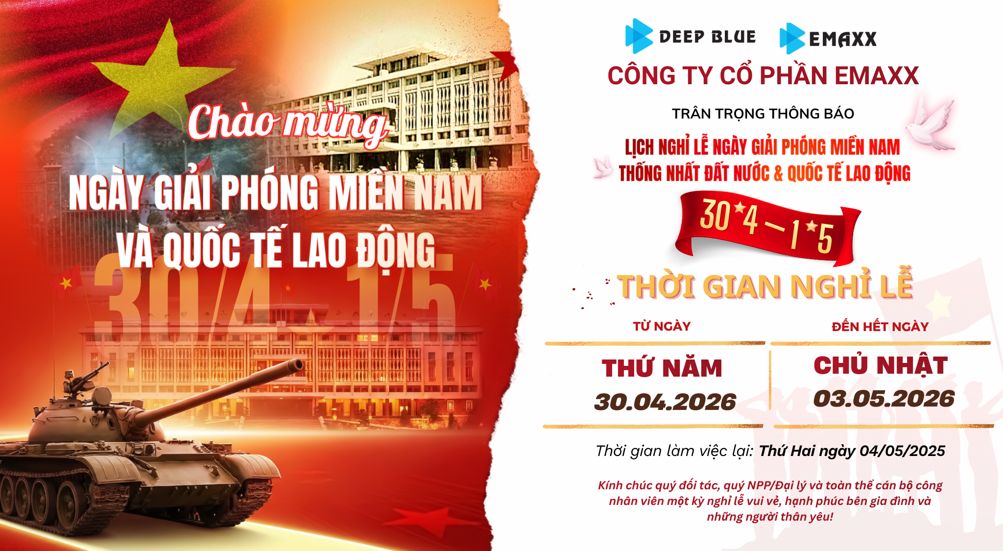 HÔNG BÁO LỊCH NGHỈ LỄ GIẢI PHÓNG MIỀN NAM 30/4 & QUỐC TẾ LAO ĐỘNG 1/5